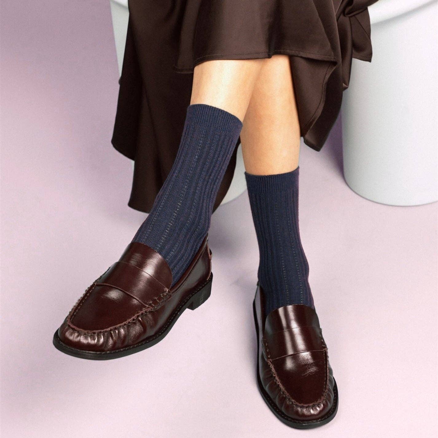 KLUE Pointelle Navy ribbed socks - Image 2